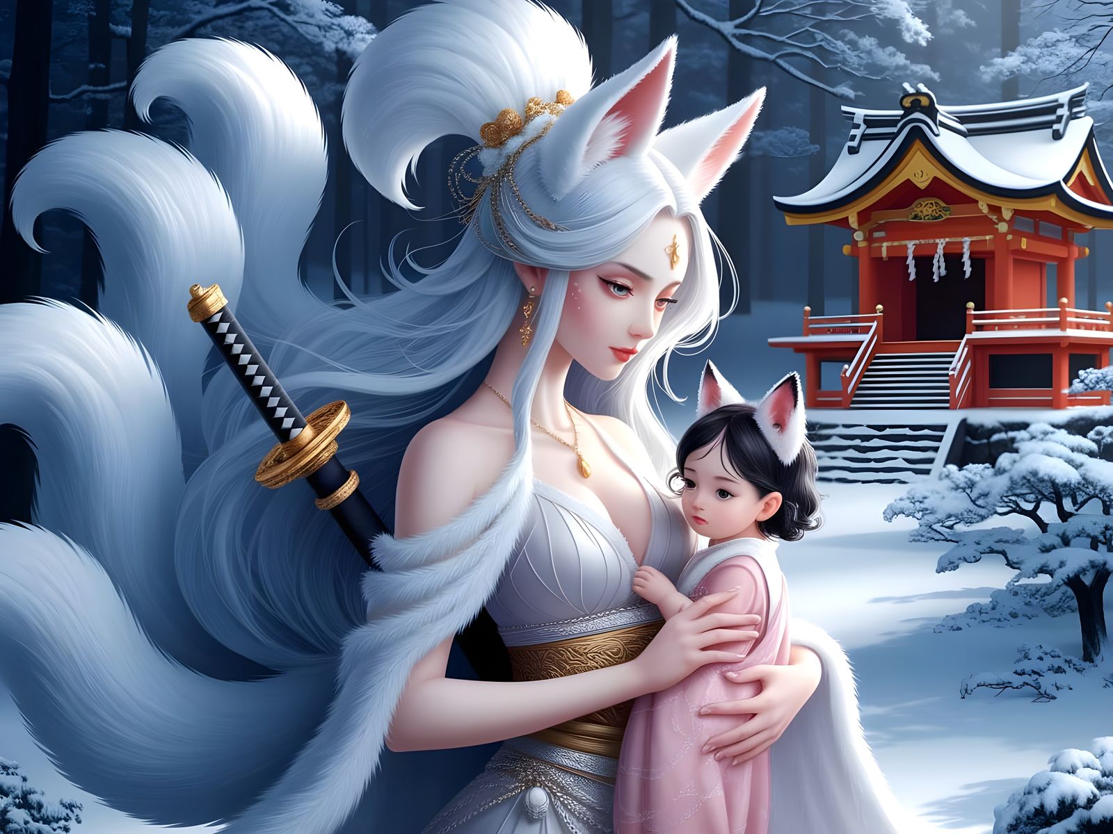 Ethereal Japanese Kitsune Mother and Child in Snowy Winter