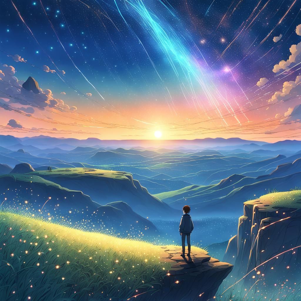 Lone Figure Gazing at Fluorescent Starry Sky