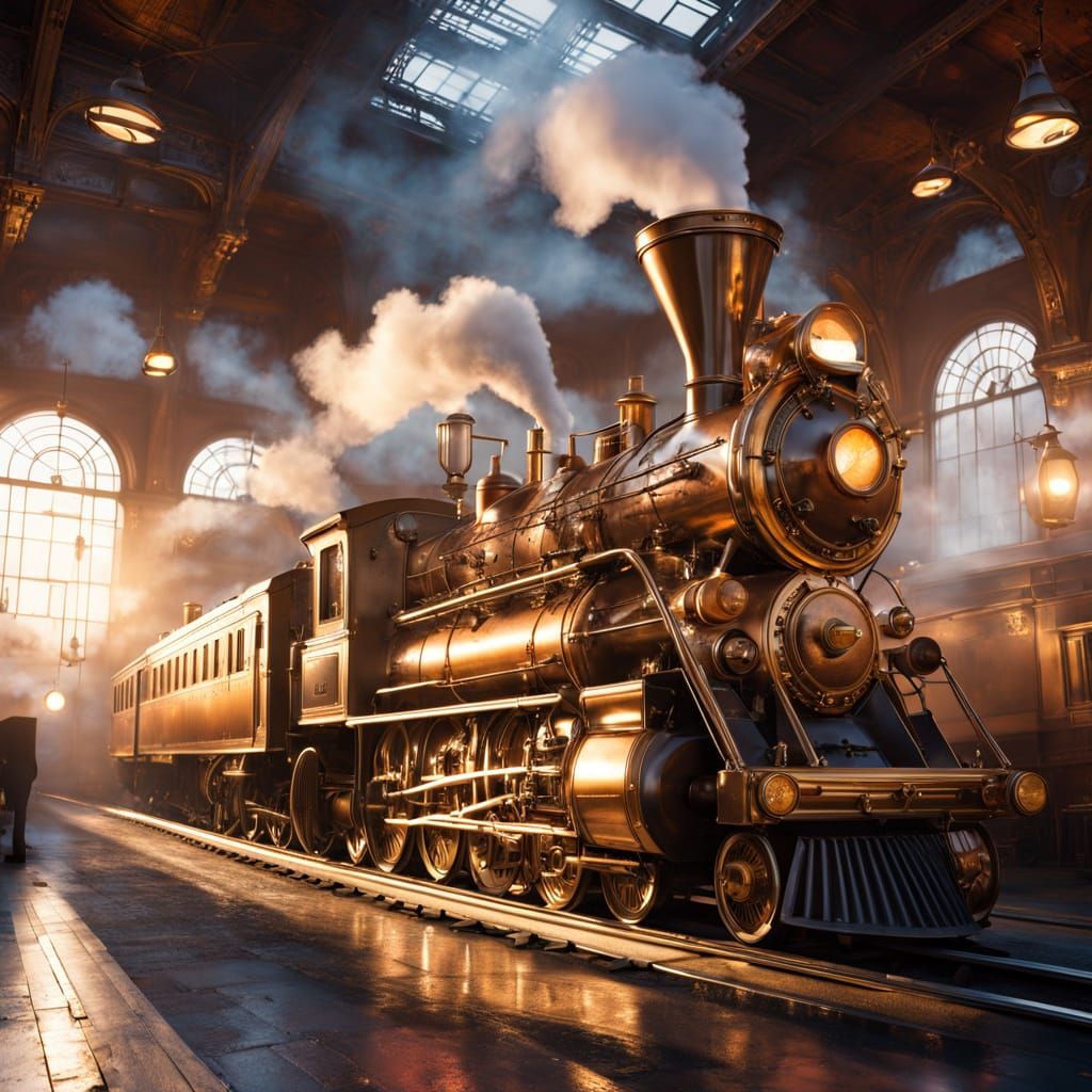 Steam-Powered Locomotive in Opulent Victorian Train Station