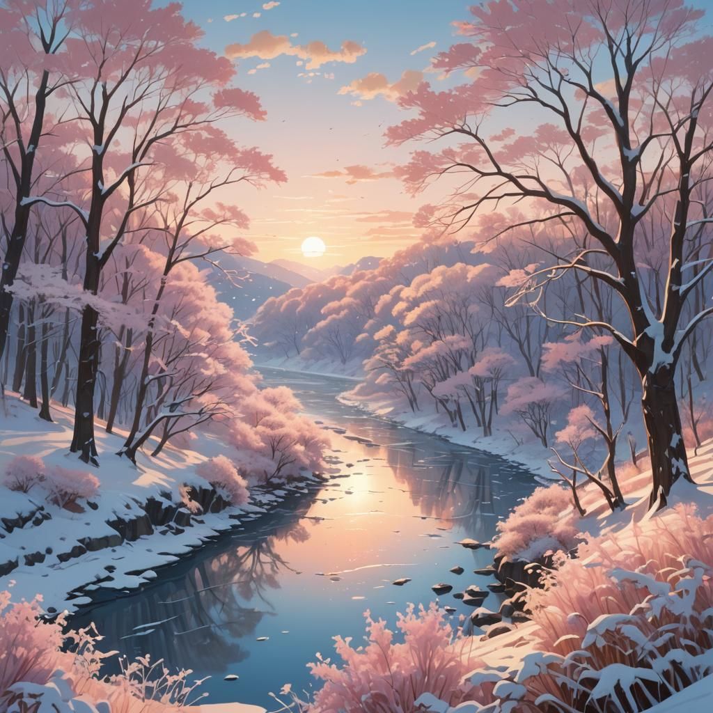 Anime Sunset Landscape with Snowy Trees