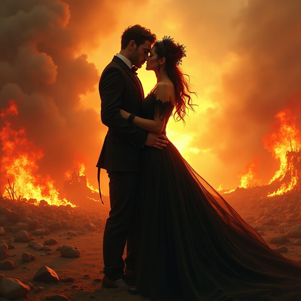 Apocalyptic Lovers Embrace in Burning Wasteland