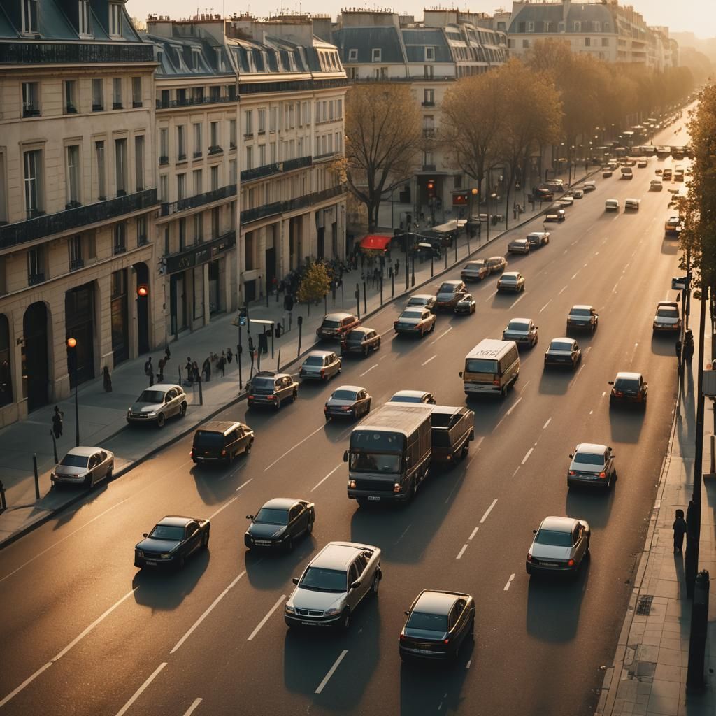 Paris Car Race at Sunset: Cinematic Film Still