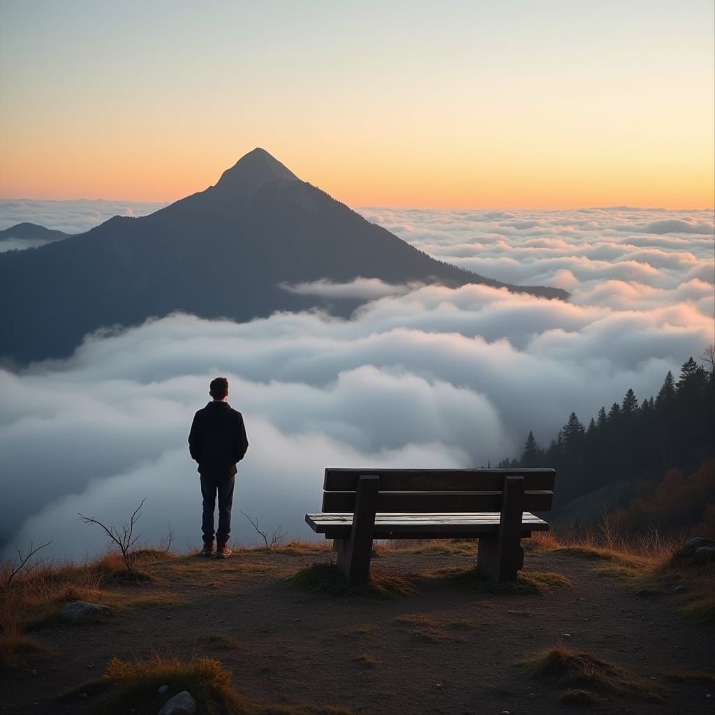 Mountain Sunrise Vista with Lone Boy and Clouds