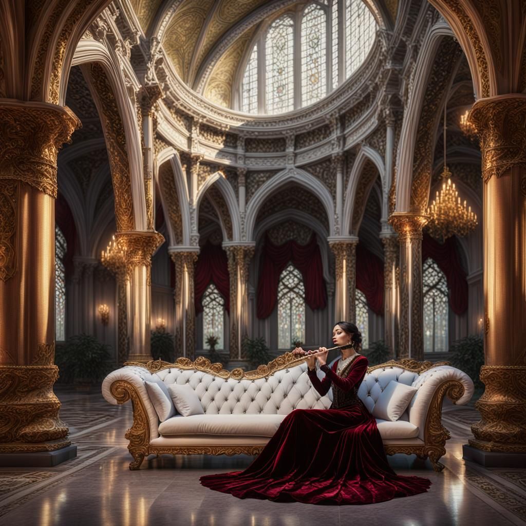 Gothic Girl Playing Flute in Baroque Interior