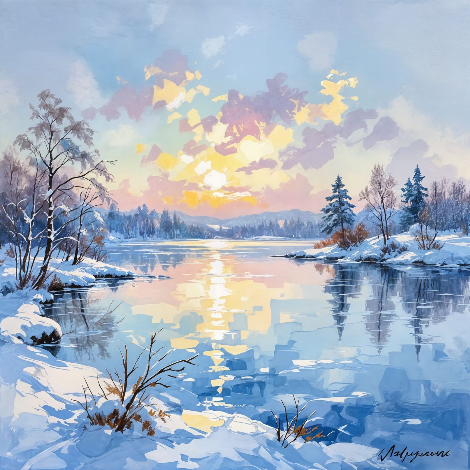Winter Lake in Gouache Impressionist Style