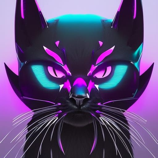 Winged Cat with Purple Feathers in Cyberpunk Style