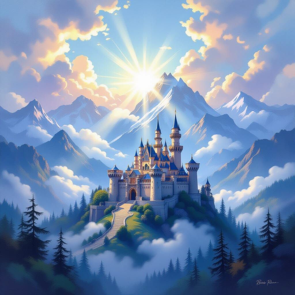 Serene Castle on Mountain Peak in Bob Ross Style