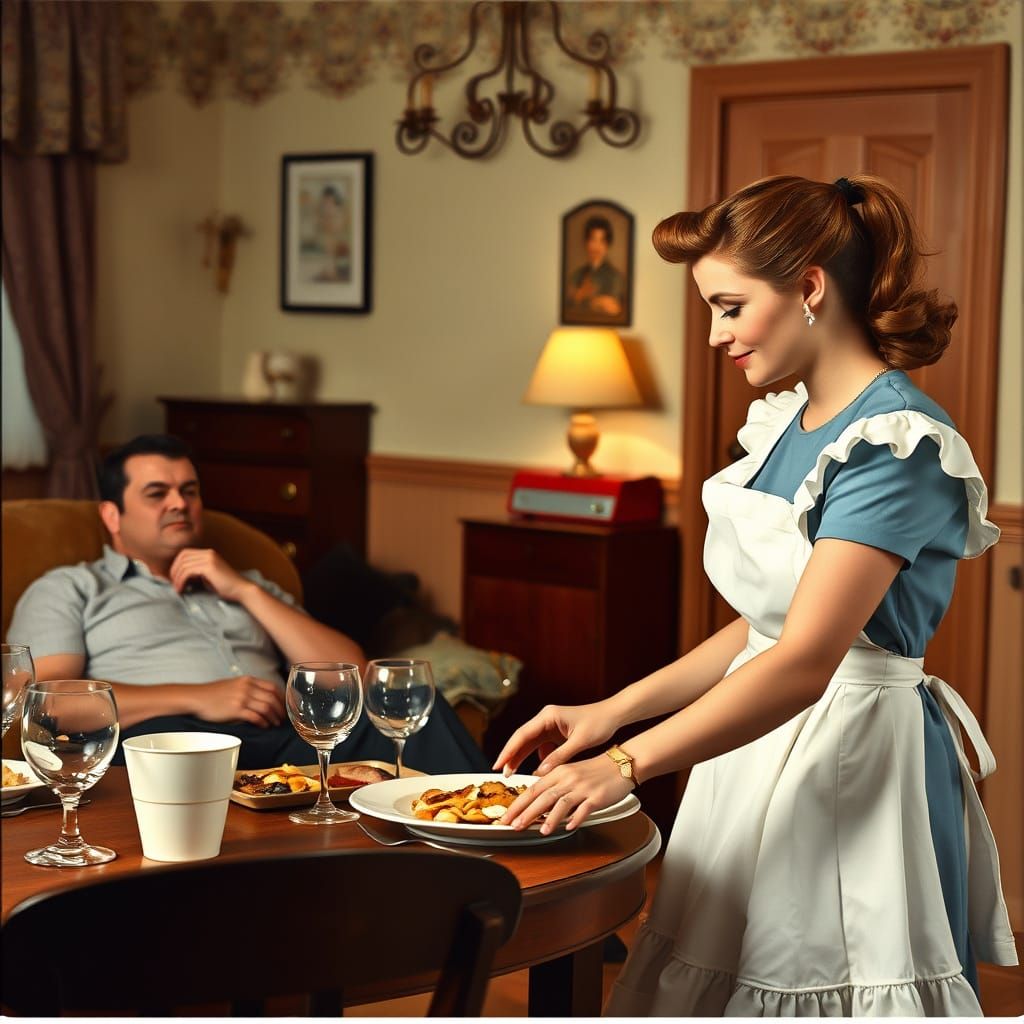 Mid-Century Housewife Setting Dinner Table in Cozy Kitchen