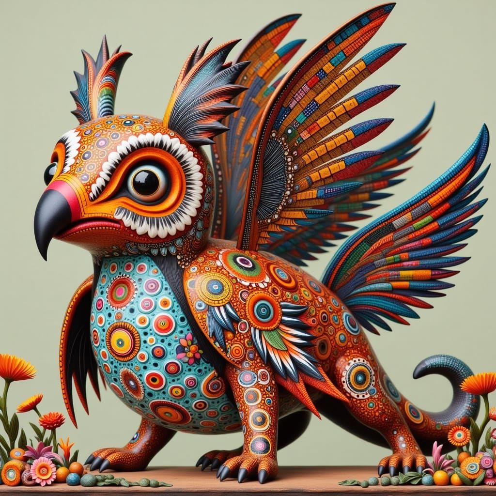 Surreal Alebrije Creature: Koi-Owl-Armadillo Hybrid
