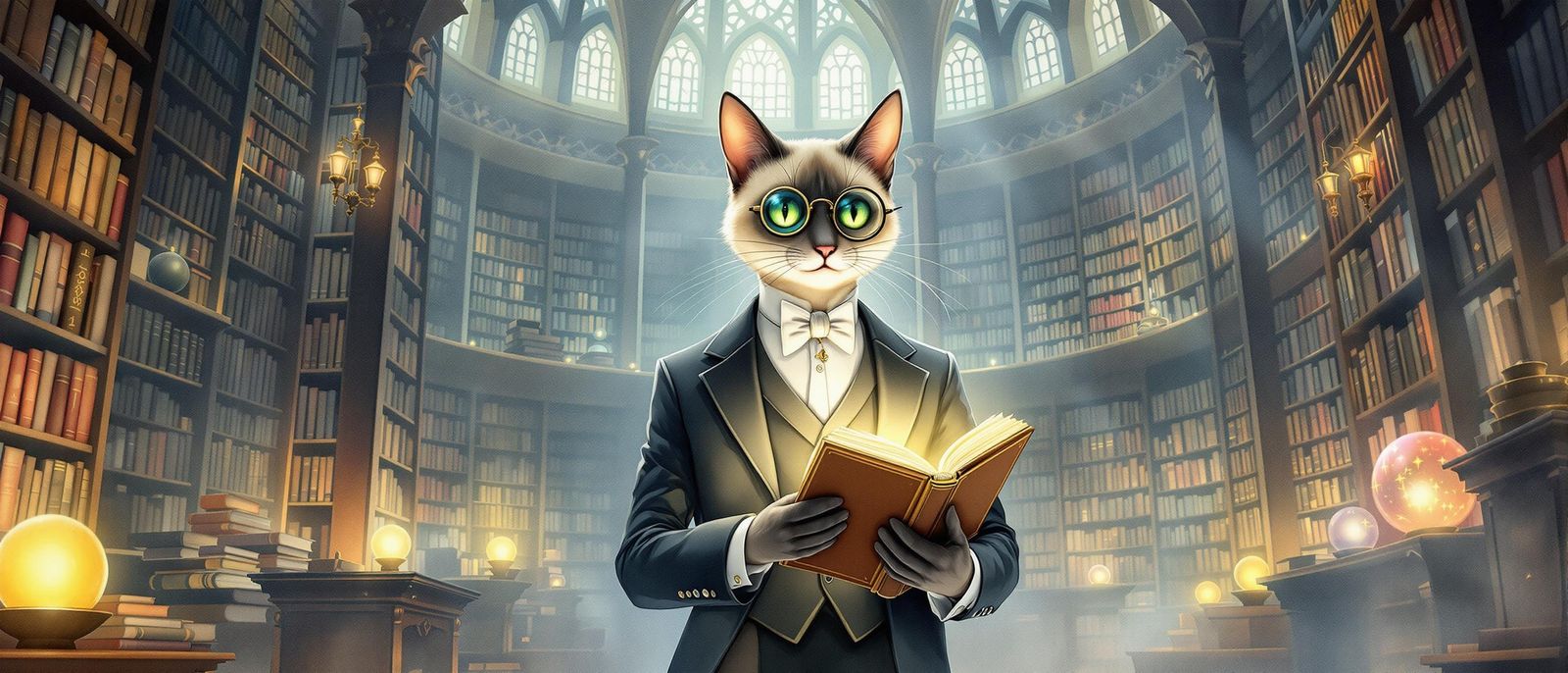 Steampunk Siamese Cat in Library, Watercolor Illustration