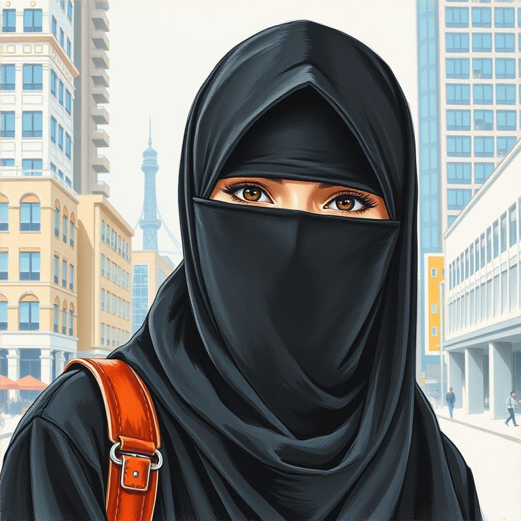 Niqabi Woman in Modern City, Color Pencil Drawing