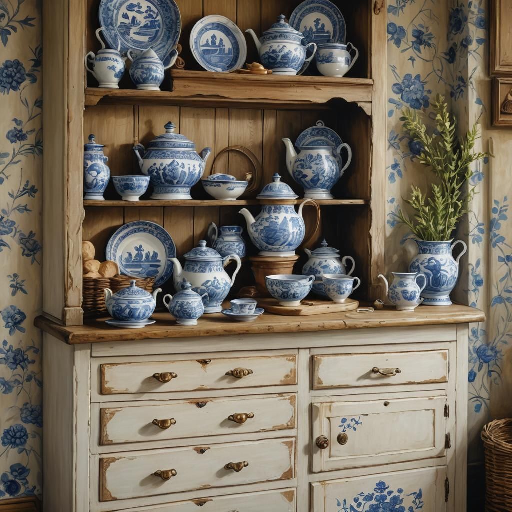 Welsh Dresser with Blue Willow Ceramics as Oil Painting
