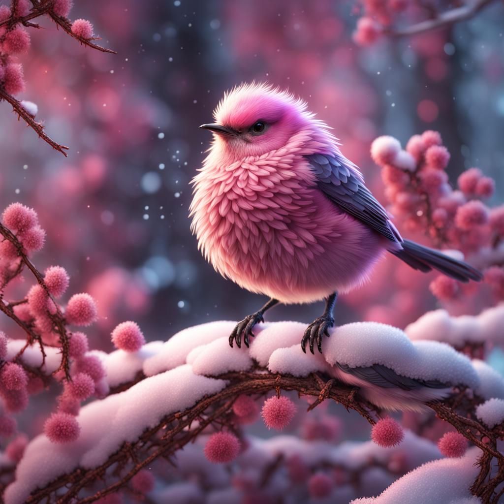 Pink Bird on Winter Branch: Fantasy Concept Art