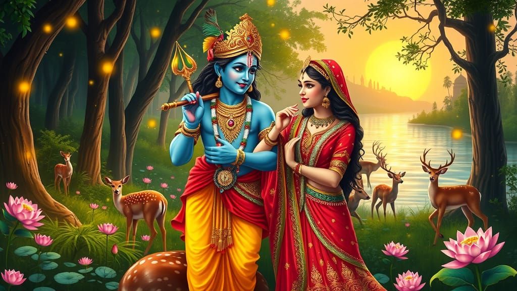 Lord Krishna and Radha in Enchanted Vrindavan Forest