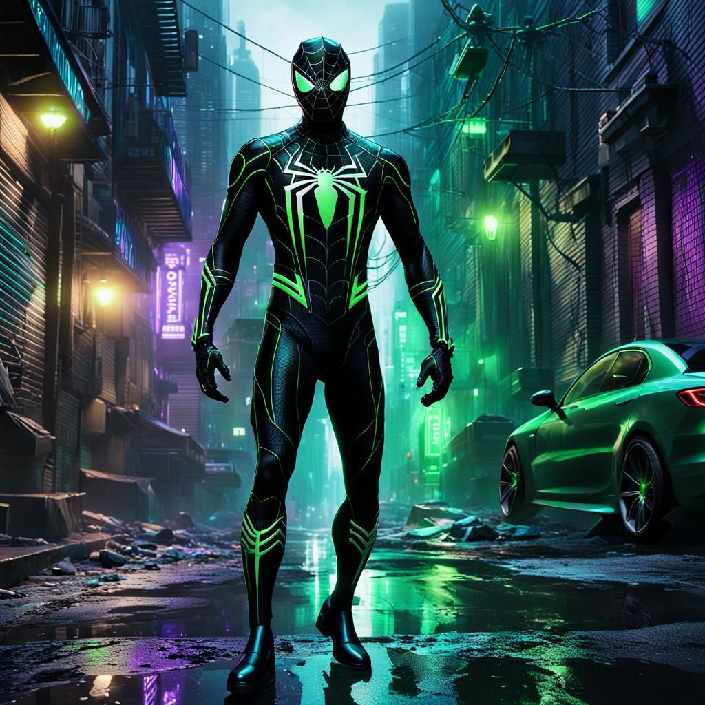 Spider-Man in Cyberpunk Alleyway: Green and Black Suit