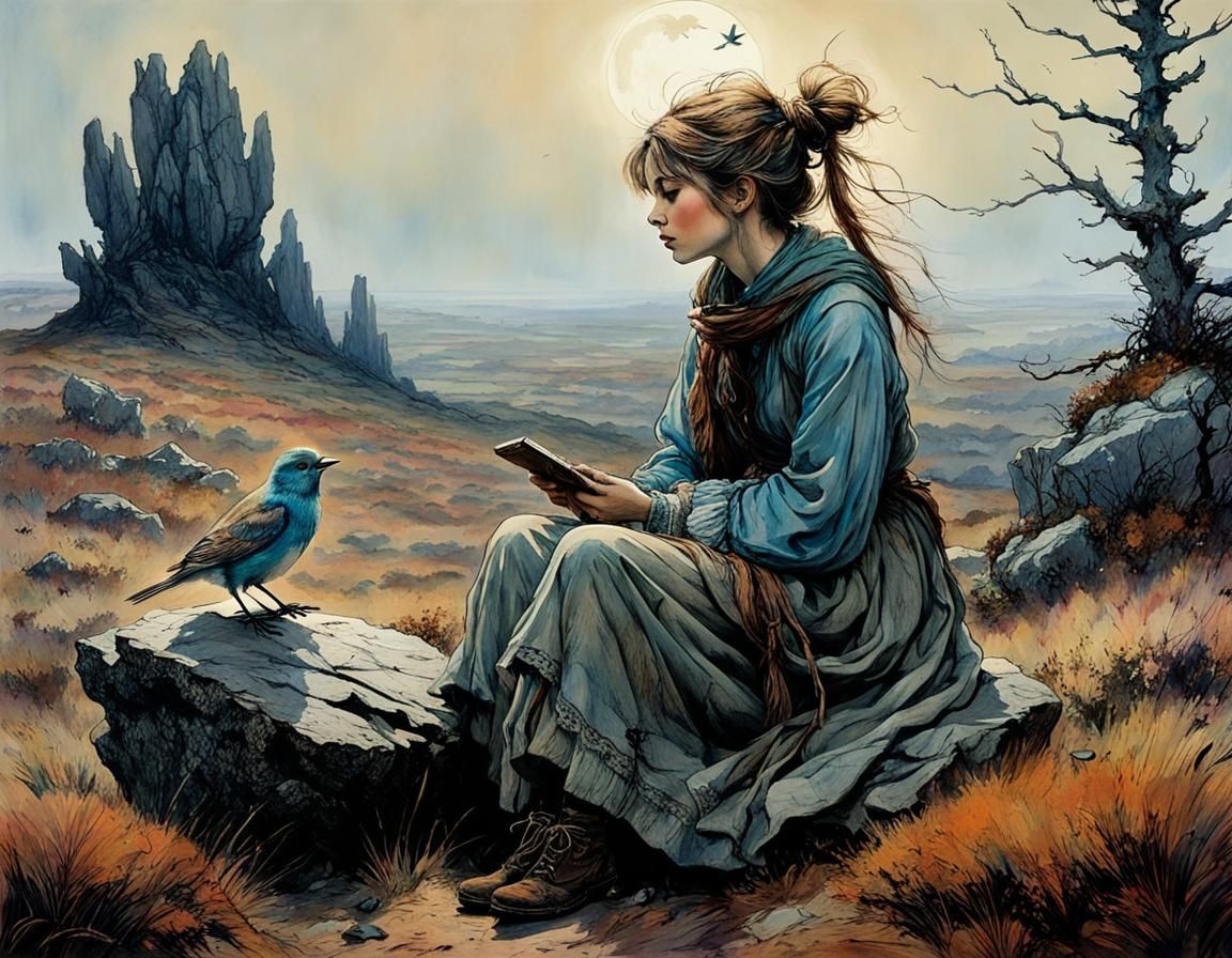 Whimsical Girl Sits on Stone in Mystical Heathland Landscape