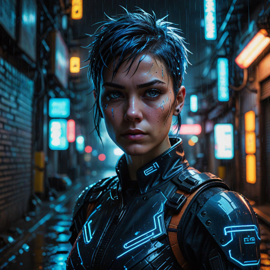 Cyberpunk Warrior in Rainy Alleyway