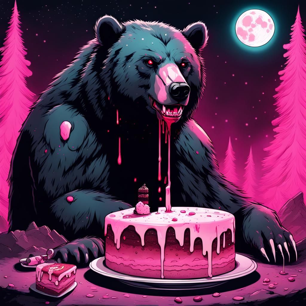 Cyberpunk Fantasy Bear with Cake and Fish
