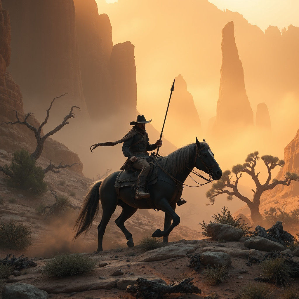 Frontiersman Rides Through Rocky Wilderness: Digital Art