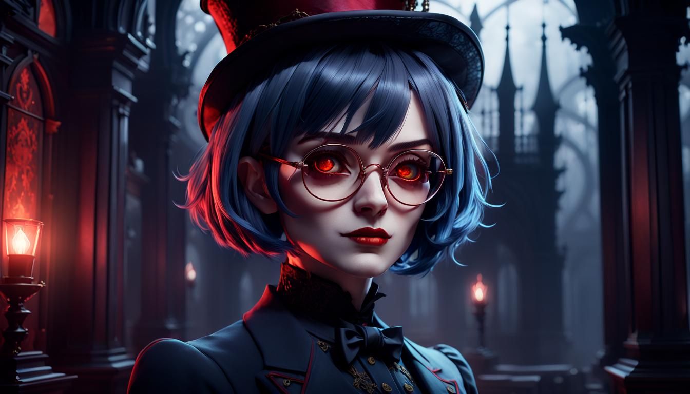 Eerie Gothic Anime Portrait of Woman in Victorian Suit