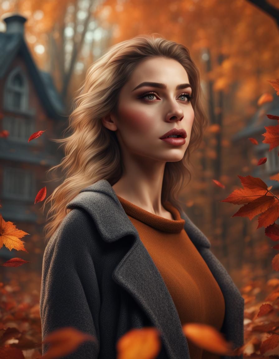 Beautiful Woman in Autumnal Apocalypse Art