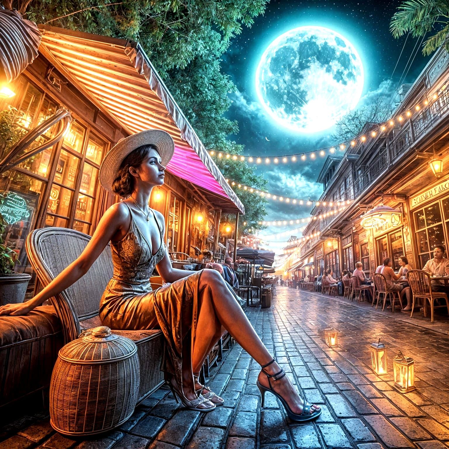 Retro Beauty Lounging at a Neon-Lit Cafe Under a Vibrant Moo...