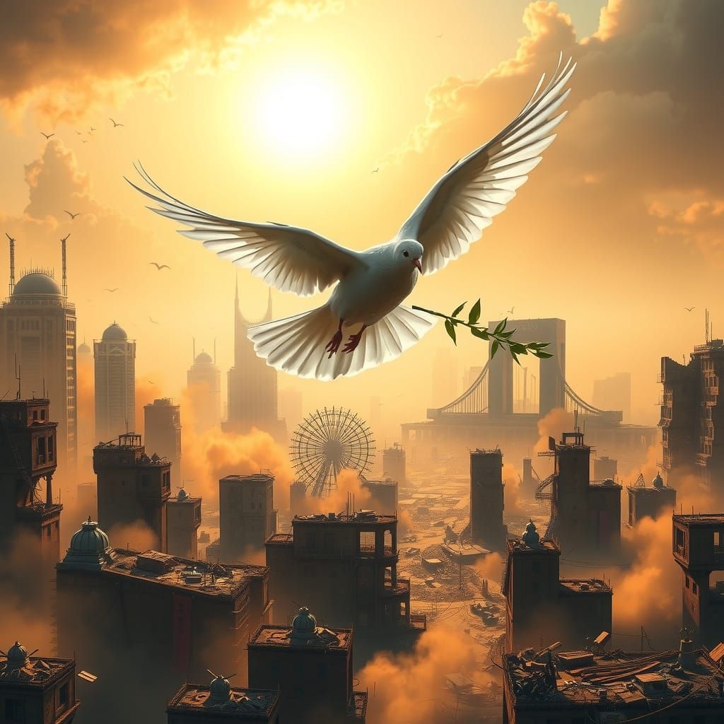 Majestic Dove Soars Over Post-Apocalyptic Cityscape in Golde...