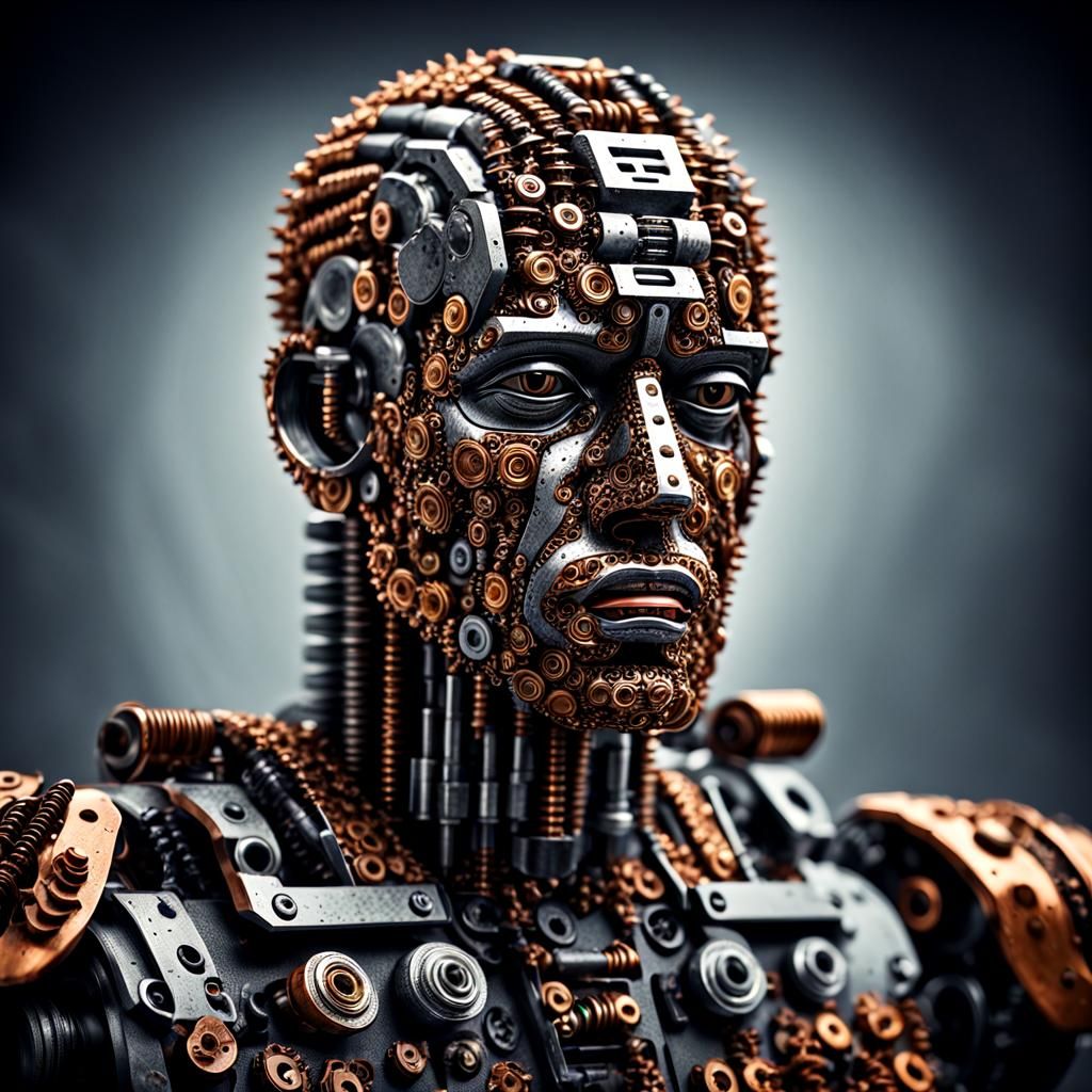 Hyperrealistic Man's Face Made of Screws and Bolts
