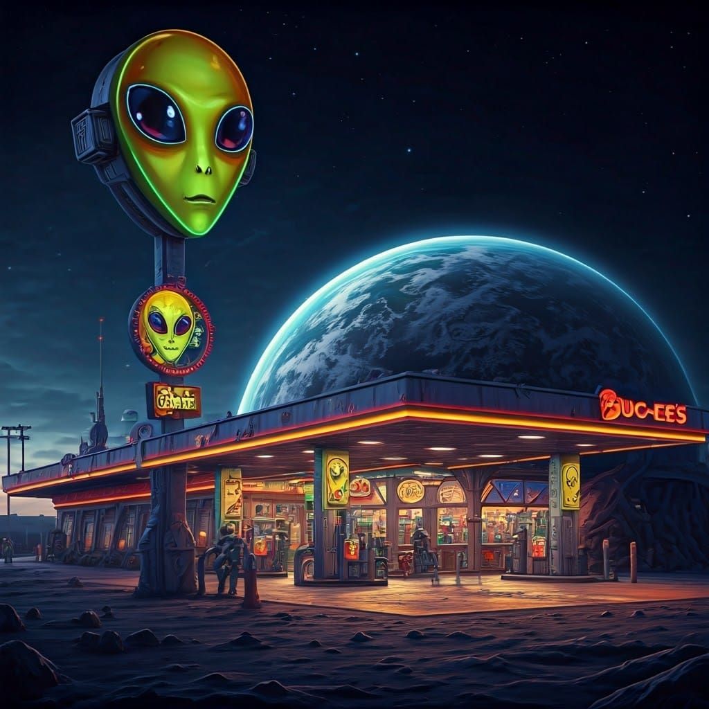 Buc-ee's gas station in alien outpost on the moon.
