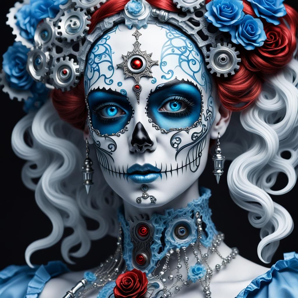 Santa Muerte Victorian Cyborg in Steampunk Style