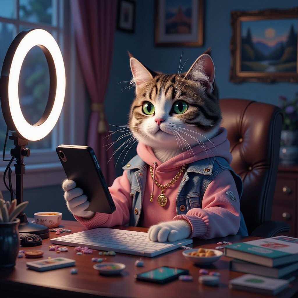 Gen Z Cat Recording Video as Detailed Digital Art