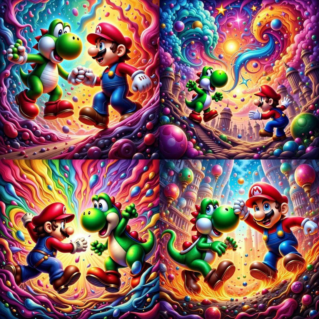 Yoshi and Mario Smash Fight as Acrylic Painting