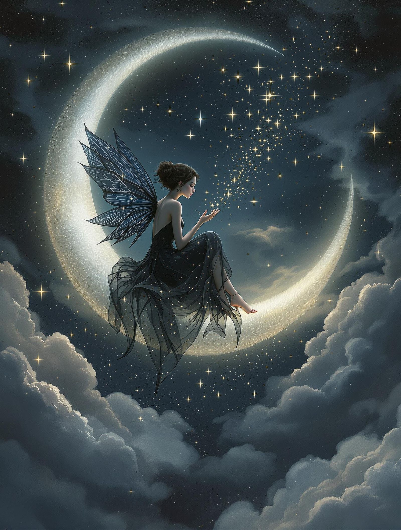 Enchanted Dark Fairy Perches on Crescent Moon