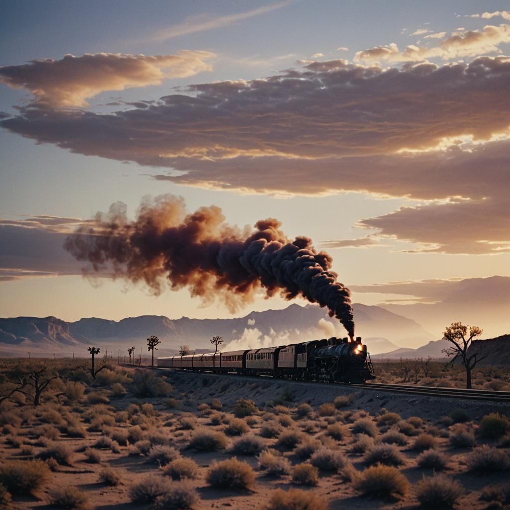 Train Fades into Desert Sunset: Cinematic Still