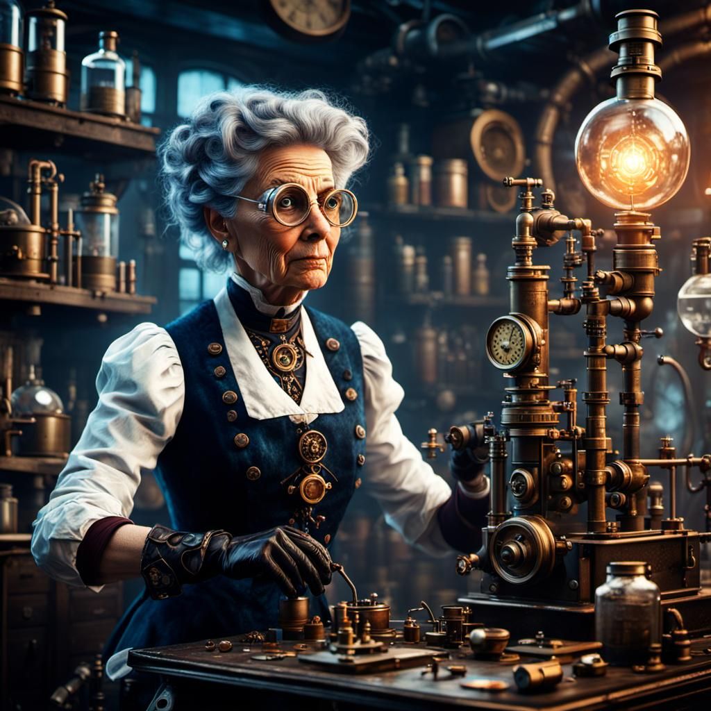 Steampunk Scientist in Lab: Detailed Matte Painting