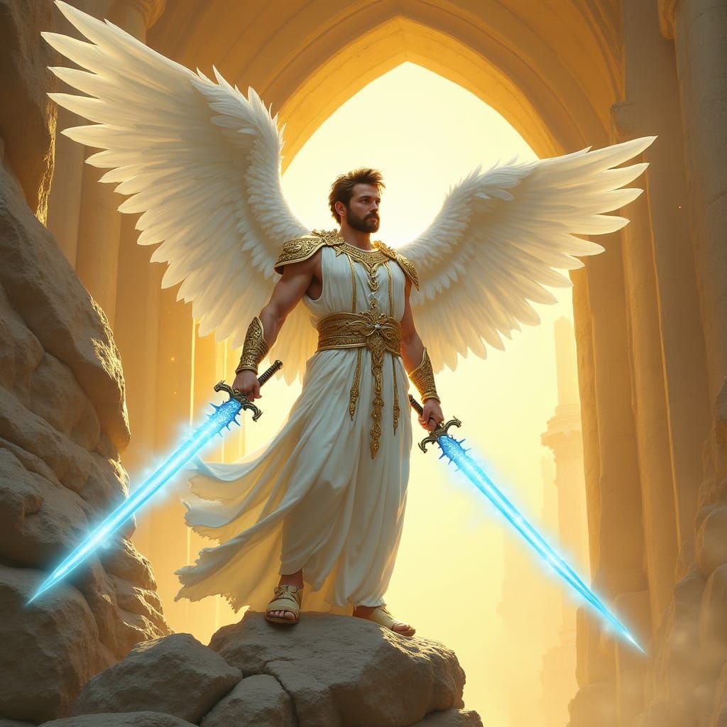 Majestic Angel with Swords in Dramatic Lighting