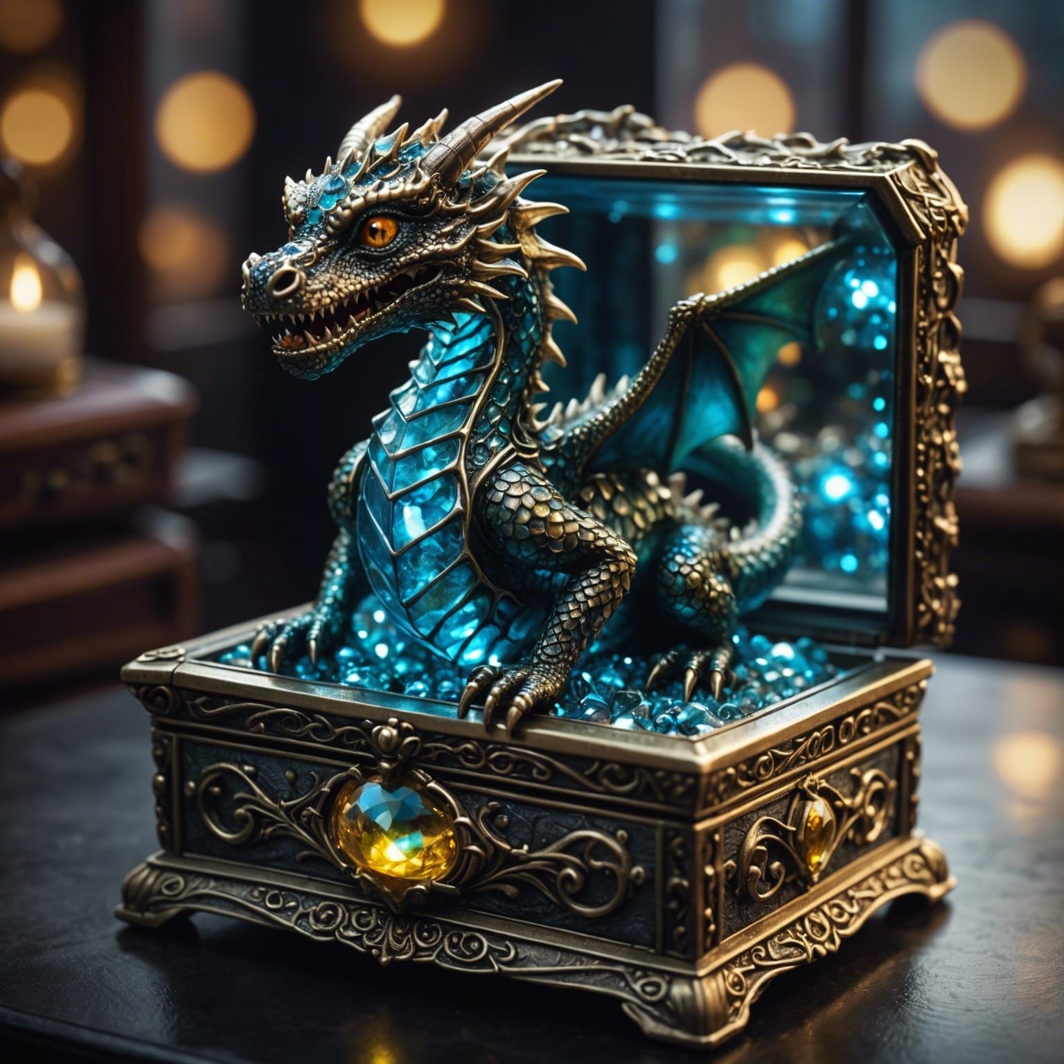 Miniature Dragon in Jewelry Box: Hyperrealistic Image