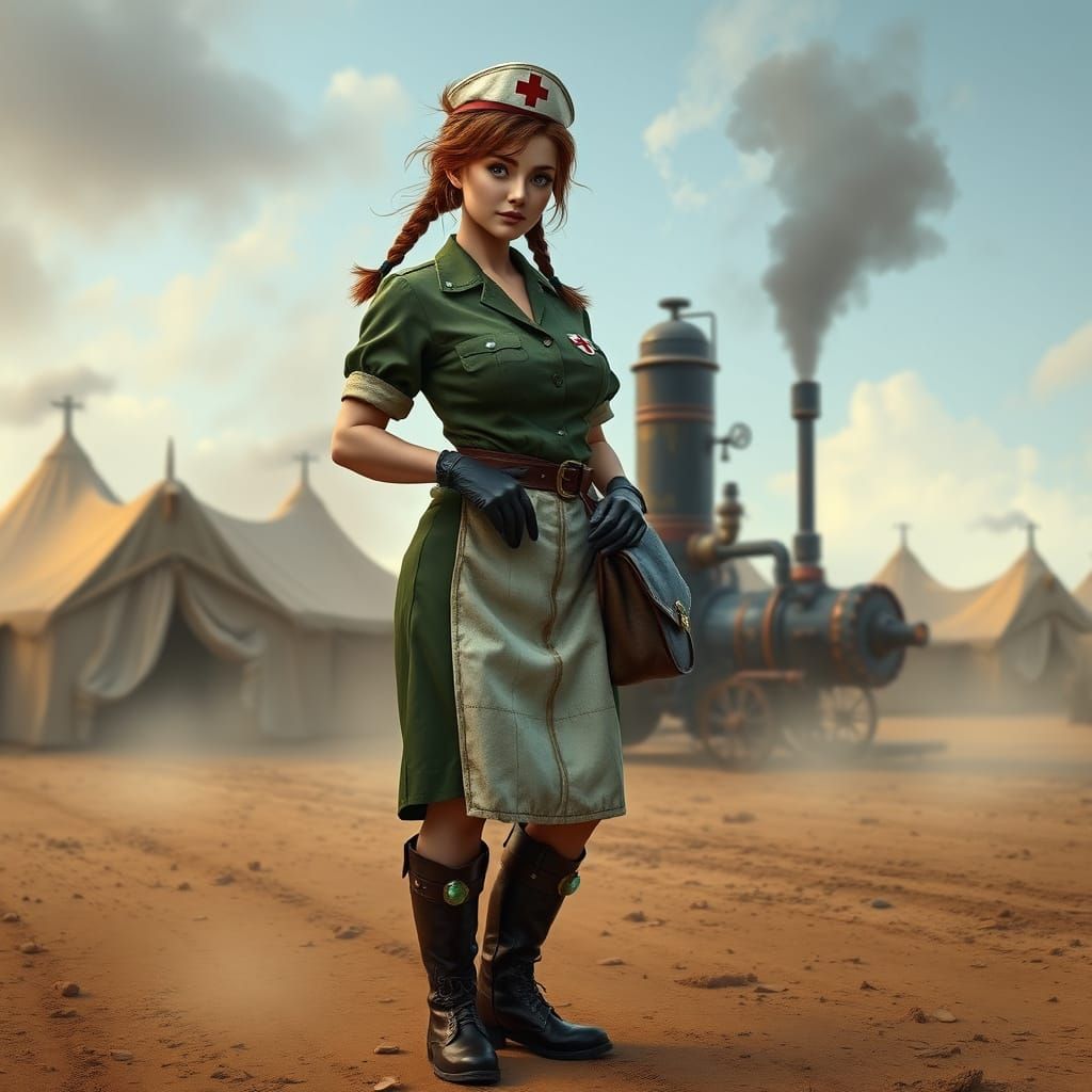 War-Torn Field Nurse in Industrial-Era Aesthetic