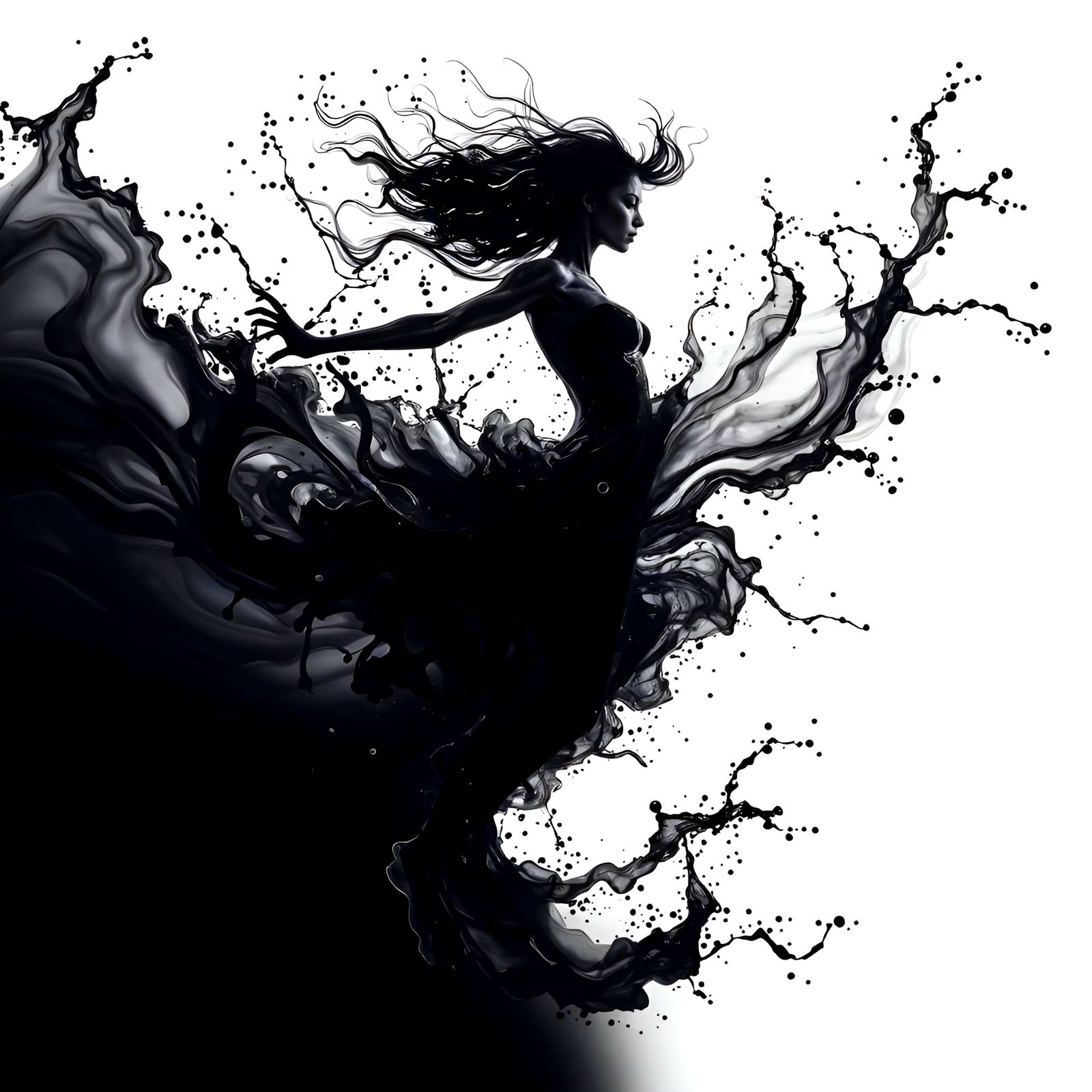 Liquid Woman Dissolving into Black Swirls