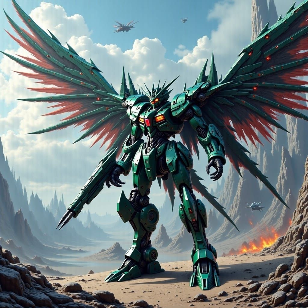 Futuristic Mecha Battlesuit with Armored Wings