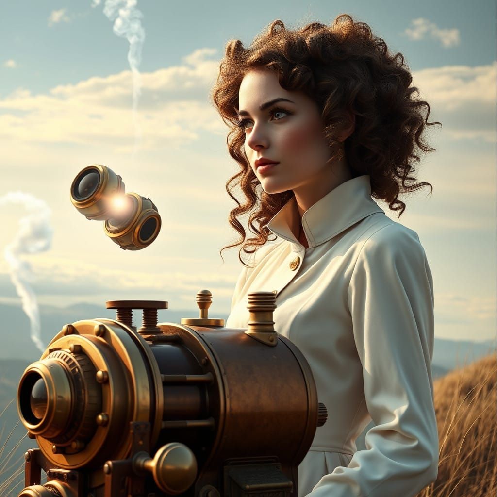 Visionary Woman Sees Distant Silver Lens Amidst Steampunk La...
