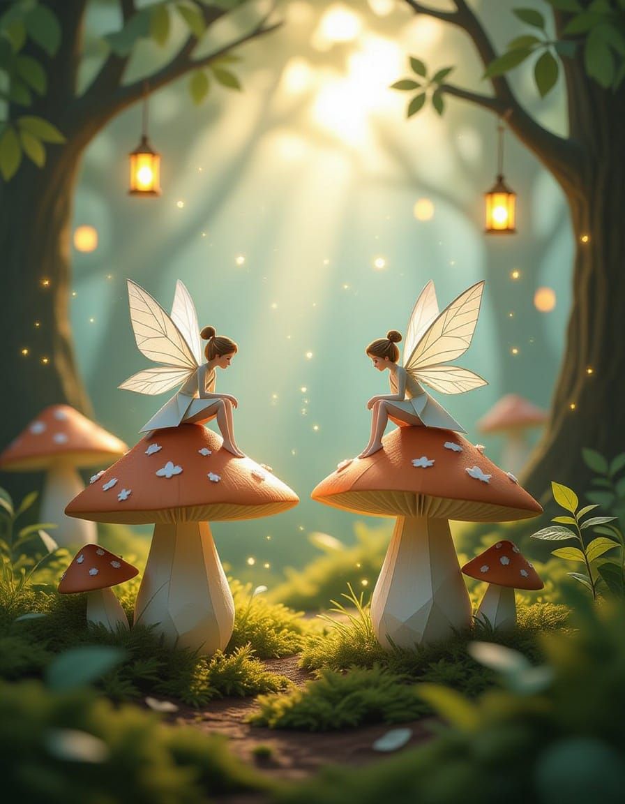 Magical Origami Fairies in Golden Hour Forest