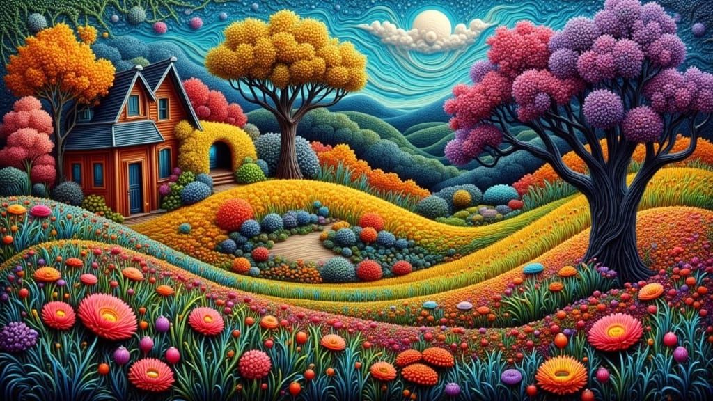 Vibrant Folk Art Scene in Naive Style