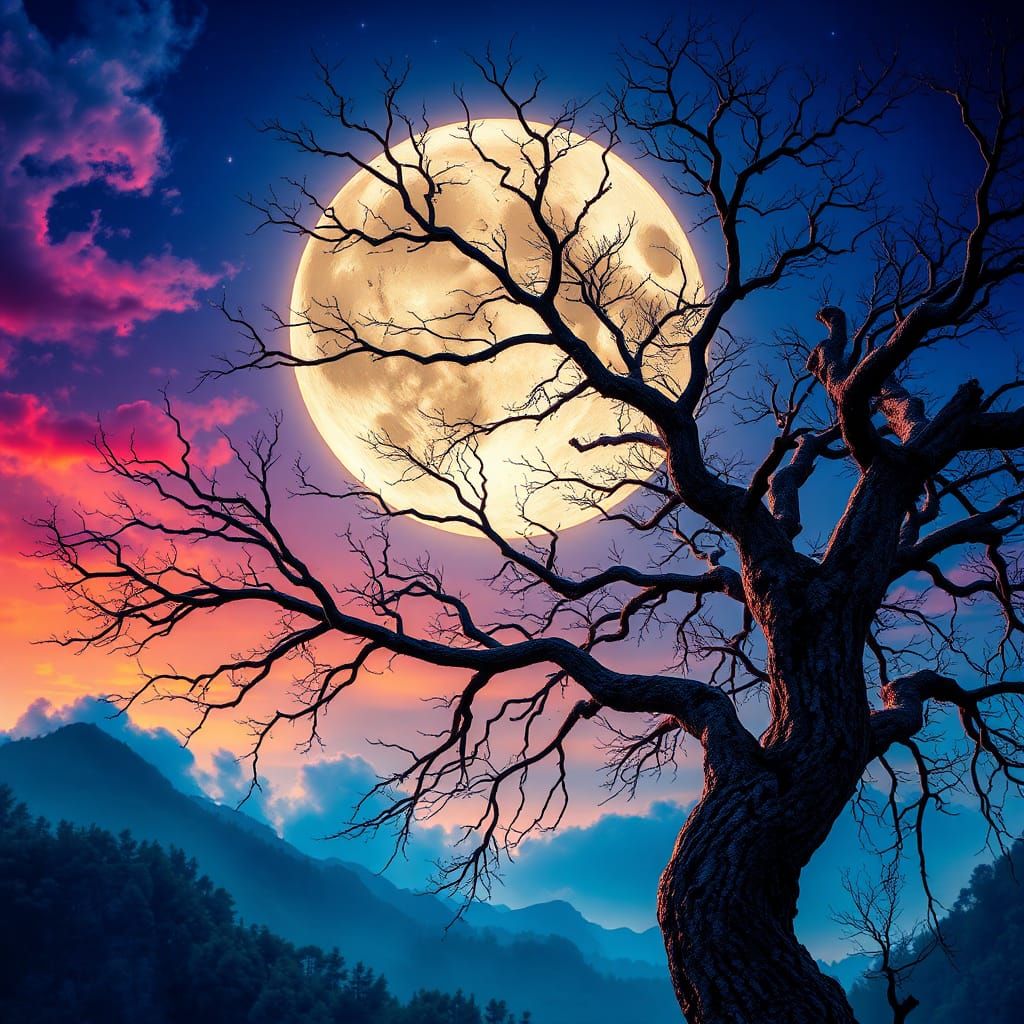 Surreal Full Moon Fantasy Landscape in Vivid Color