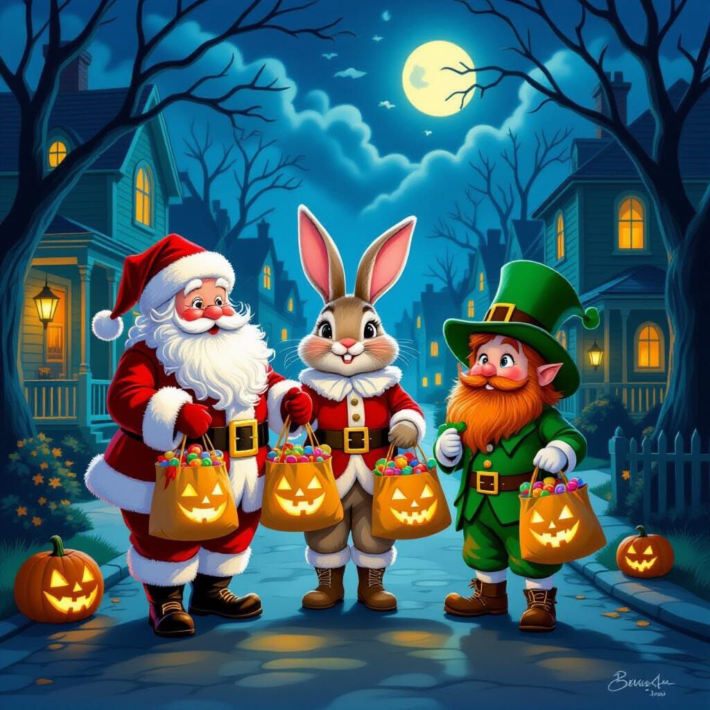 Holiday Icons Trick-or-Treating on Halloween Night