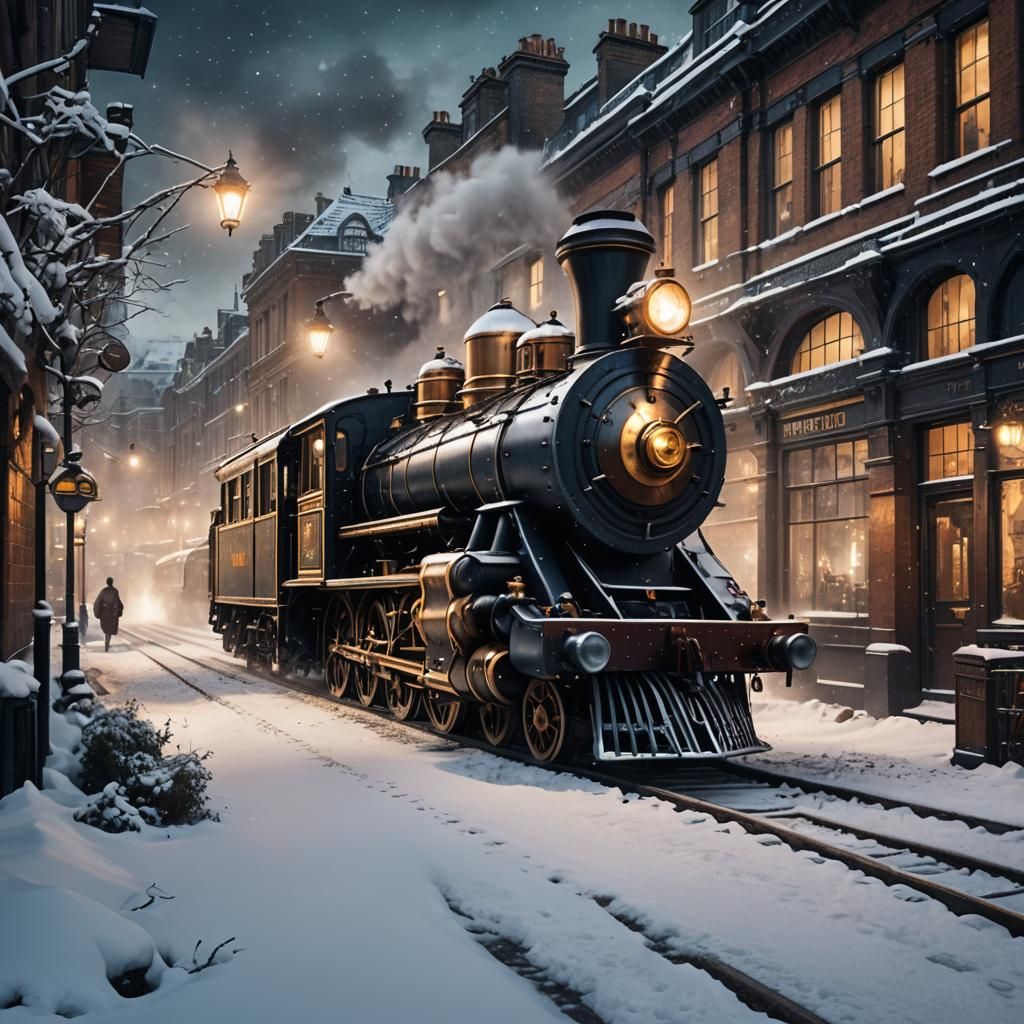 Steampunk Locomotive in Snowy Victorian London