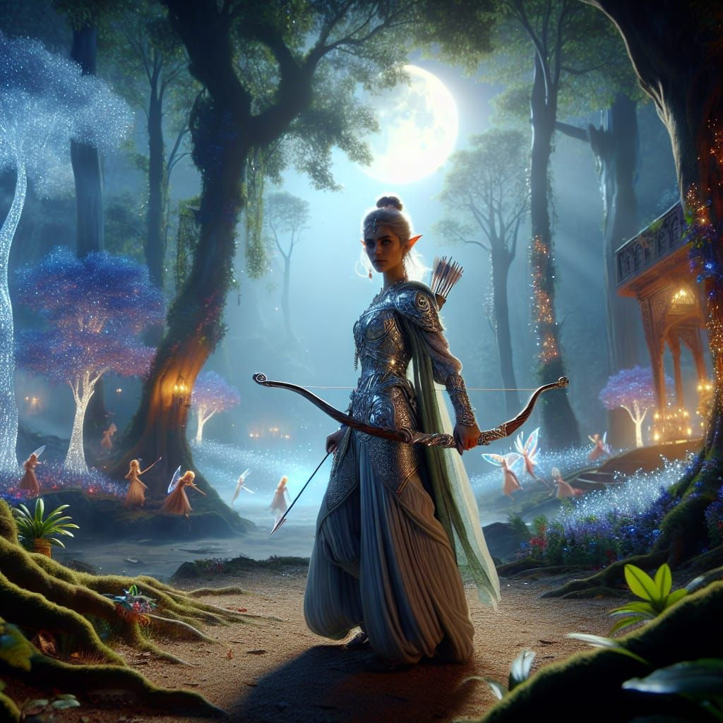Sheandris -- female elf warrior stands guard in a moonlit forest clearing, her silver armor gleaming in the soft light.