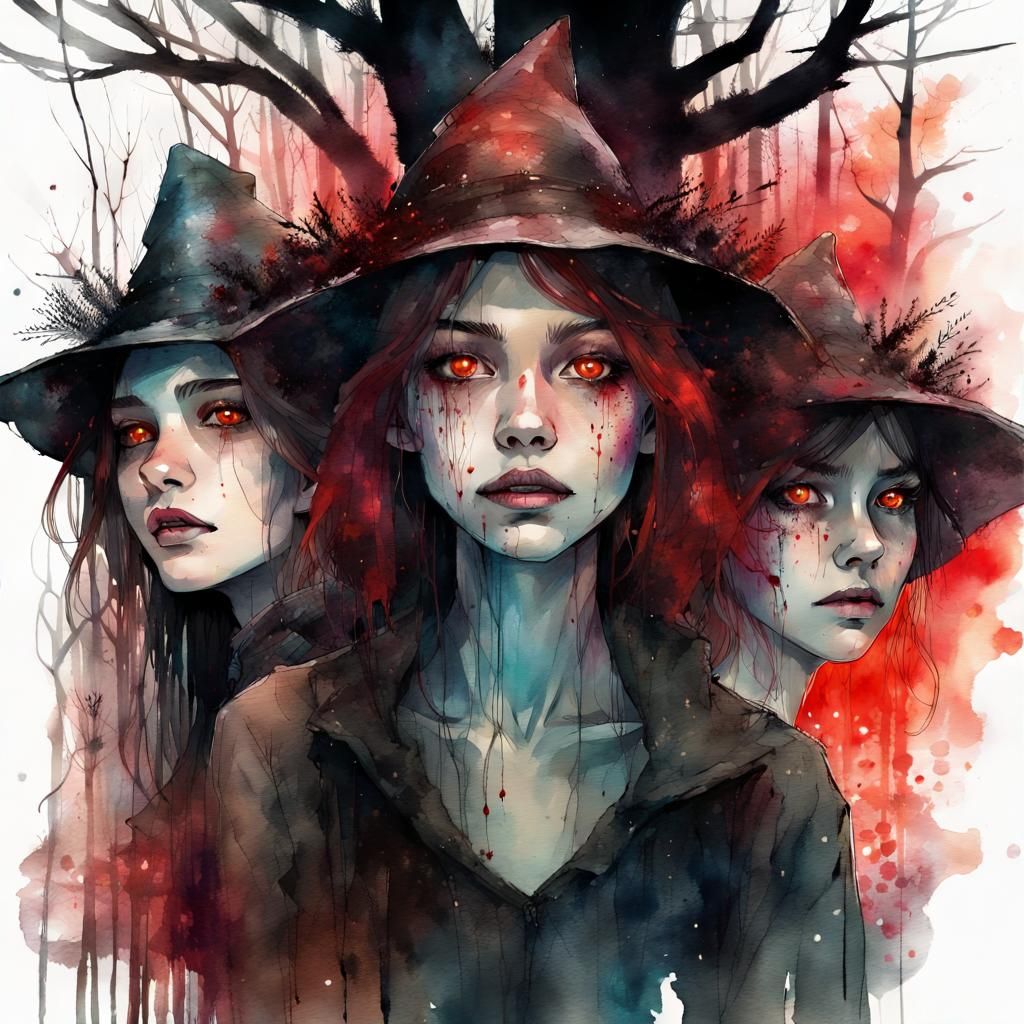 Doppelganger Witches in Dark Forest, Digital Watercolor
