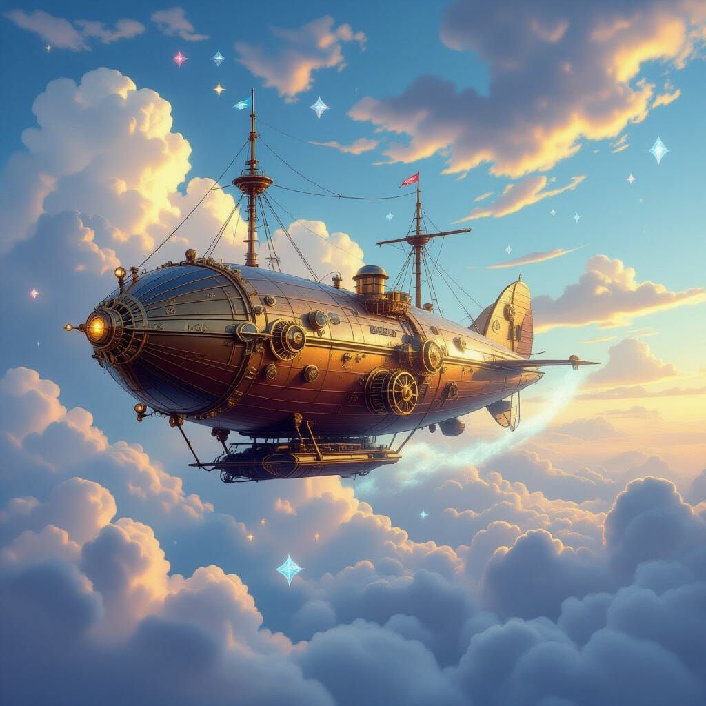 Steampunk Airship Soaring Through Crystal Skies