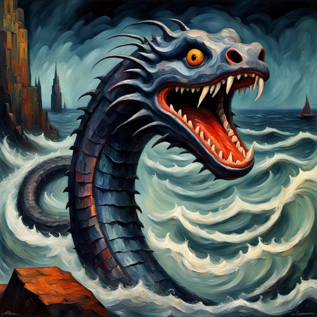 Grotesque Sea Serpent in Gothic Impressionist Style